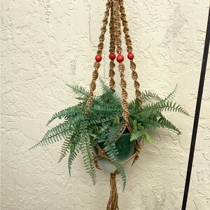 Macrame Plant Hanger Hand Crafted Red Beads Natural Tan Jute Boho